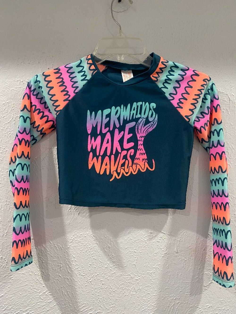 Cat & Jack, NWOT, "Mermaids Make Waves" green long sleeved swim top L (10/12).